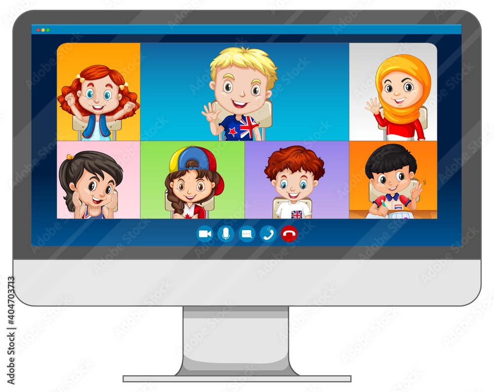 Student video chat online screen on computer screen on white background