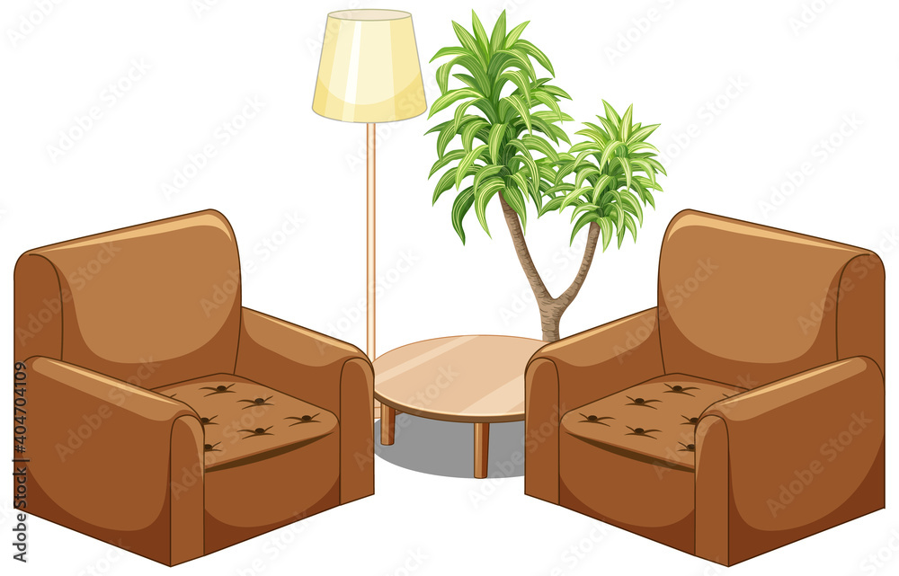 棕色沙发家具，白色背景上有灯和树隔离