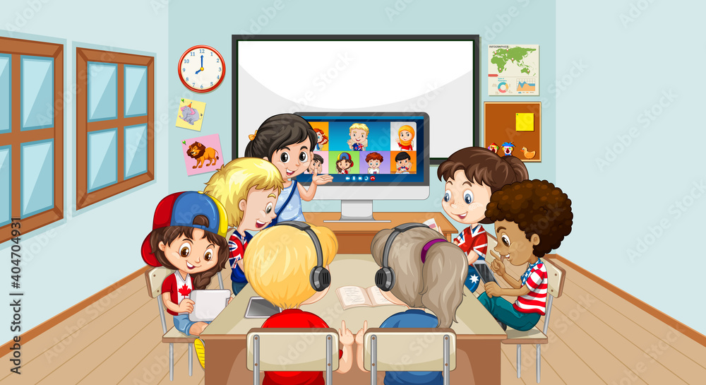 孩子们在课堂上使用笔记本电脑与老师和朋友进行视频会议