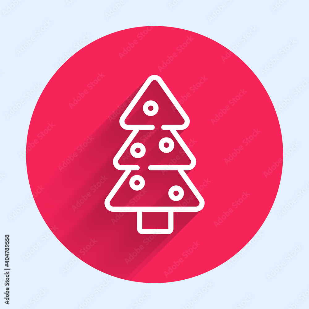 白色线条圣诞树，带装饰，图标与长阴影隔离。圣诞快乐