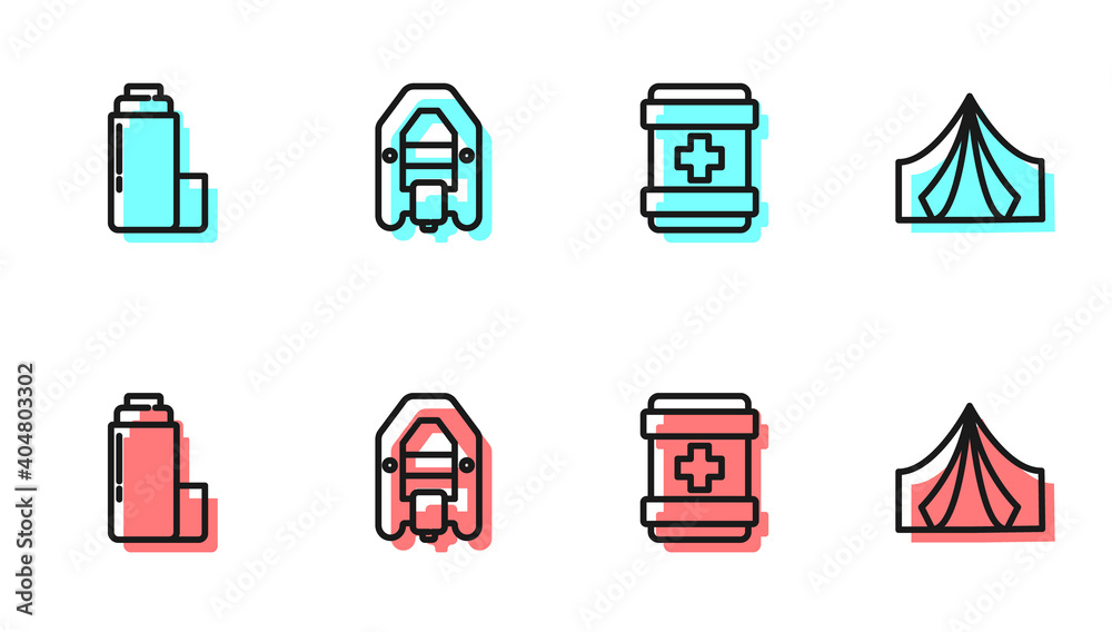 Set line First aid kit, Thermos container, Rafting boat and Tourist tent icon. Vector.