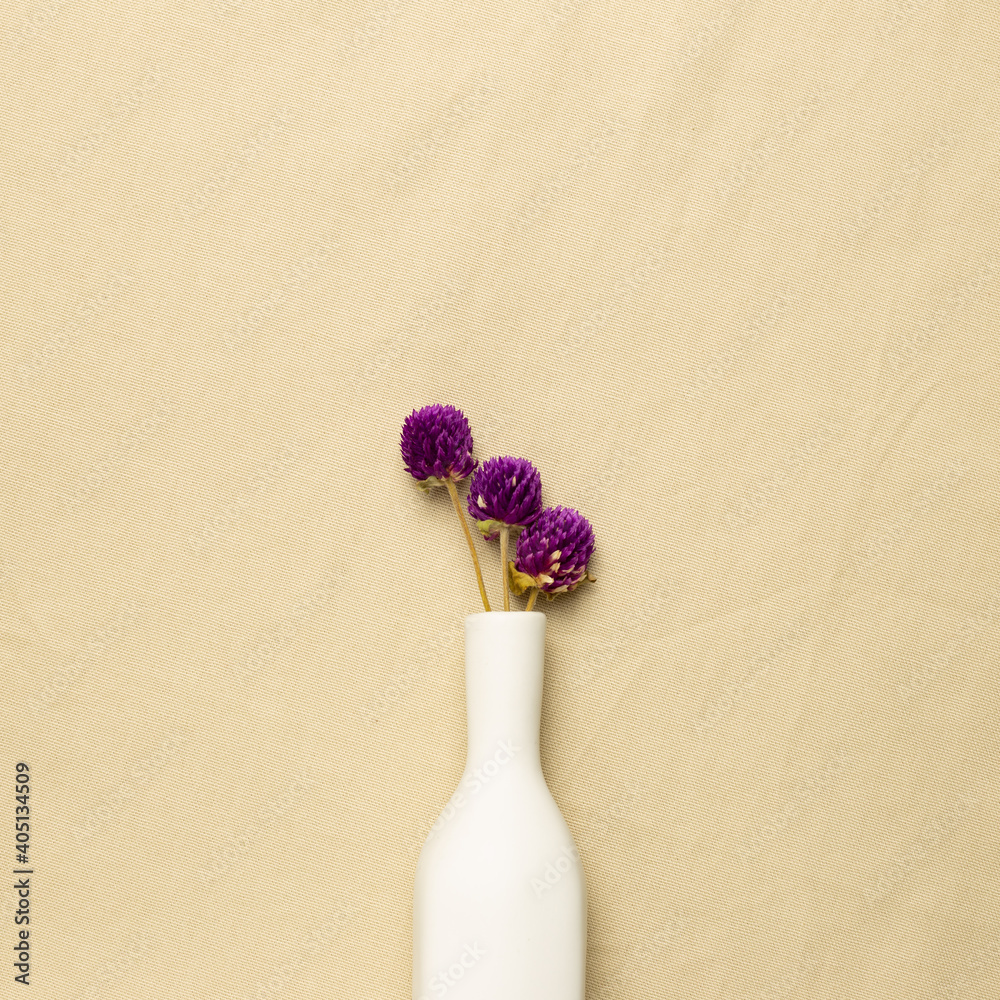 米色织物背景上的紫色球形苋菜花花瓶。平放，俯视，复制空间