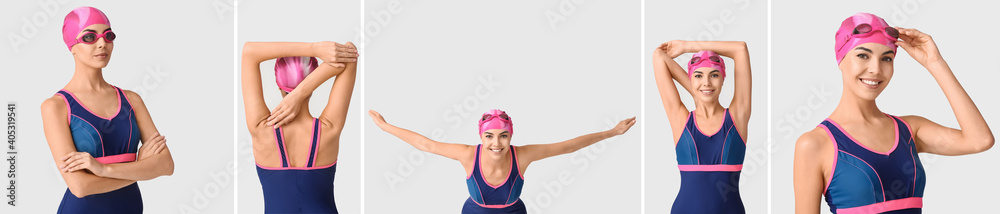 浅色背景上运动型女游泳运动员的拼贴