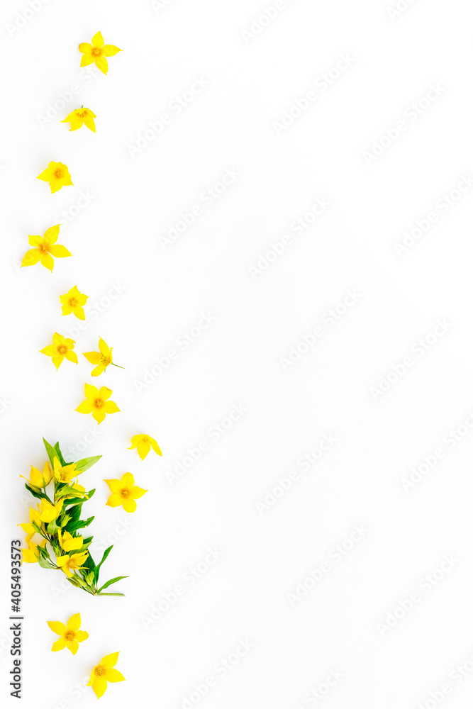 花朵图案。带叶子的黄色花朵的平面布局，俯视图