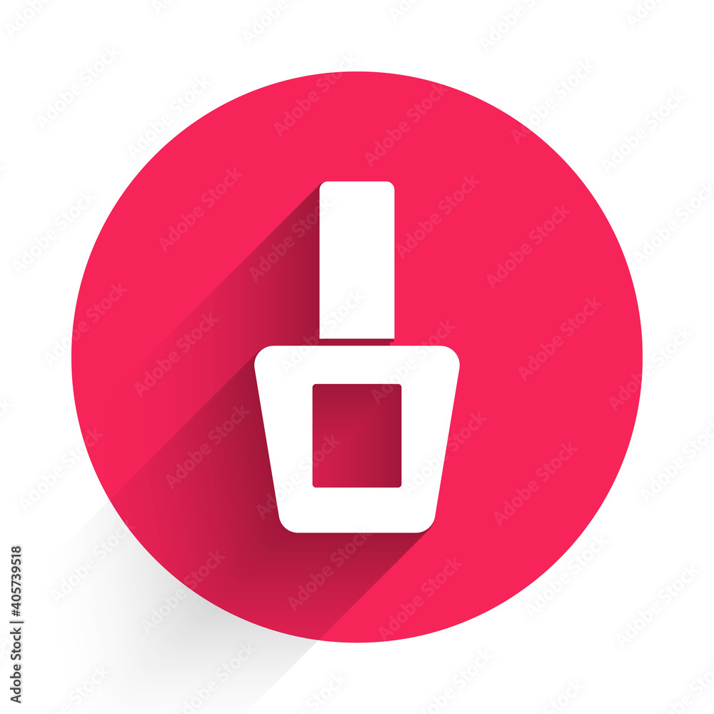 White Nail polish bottle icon isolated with long shadow. Red circle button. Vector.