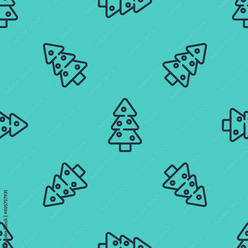 黑色线条圣诞树，绿色背景上有装饰图标隔离无缝图案。祝你快乐