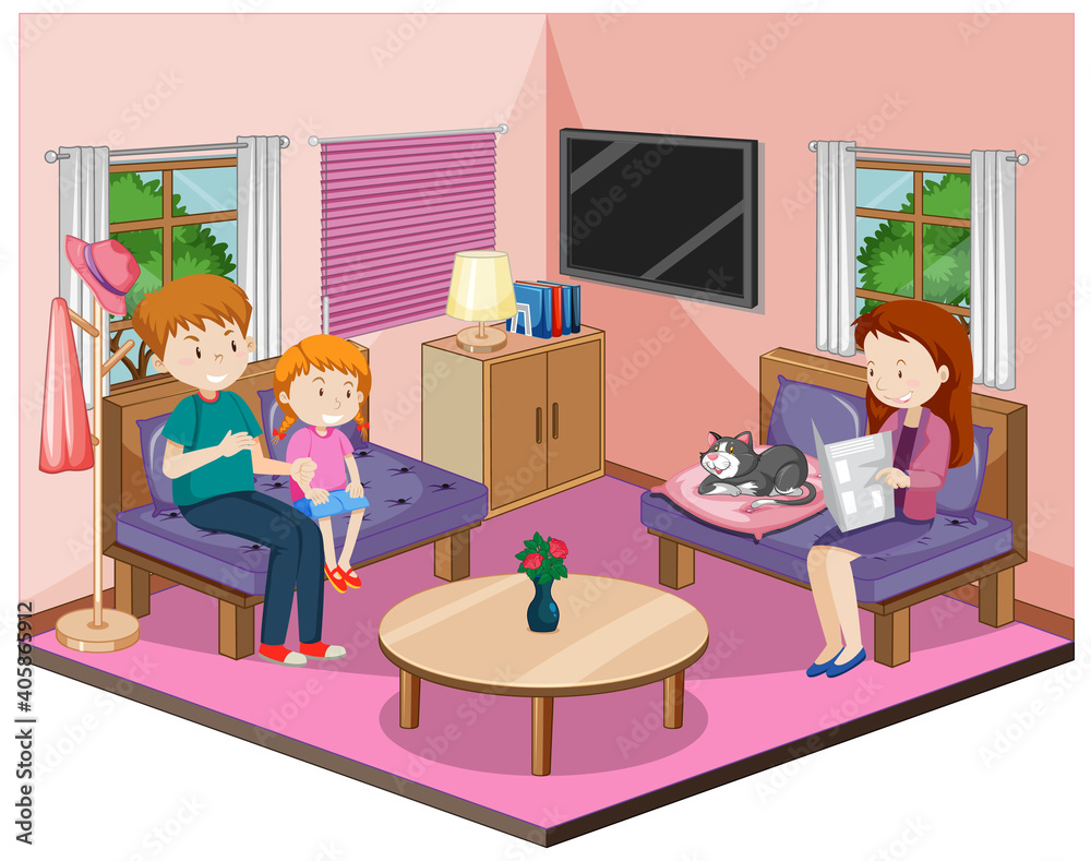 客厅里有粉红色主题家具的幸福家庭