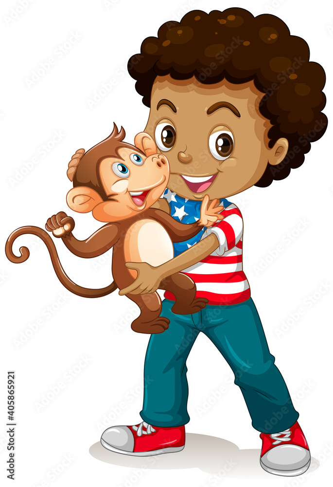 男孩抱着一只被隔离在白色背景下的小猴子
