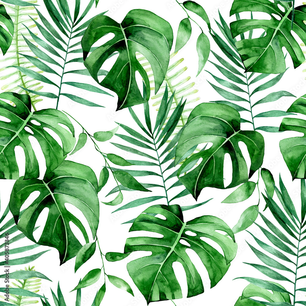 watercolor seamless tropical pattern. print with tropical green leaves on a white background. palm l