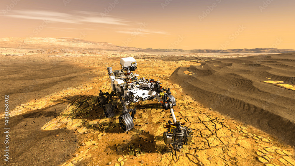火星探测任务中的无人火星车穿过地球地面。3D插图。El