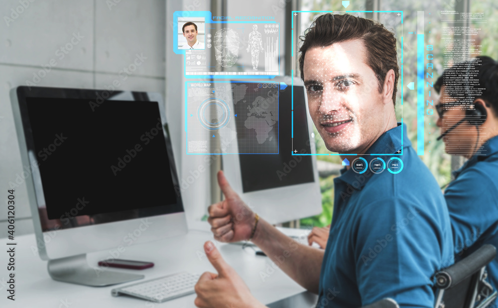 人脸识别技术扫描并检测人脸进行识别。未来概念交互