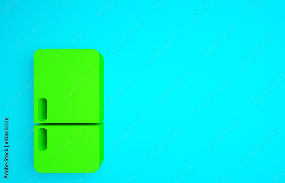 蓝色背景上隔离的绿色冰箱图标。冰箱。家用技术和