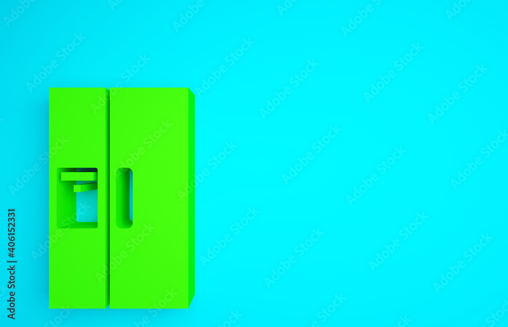 蓝色背景上隔离的绿色冰箱图标。冰箱。家用技术和