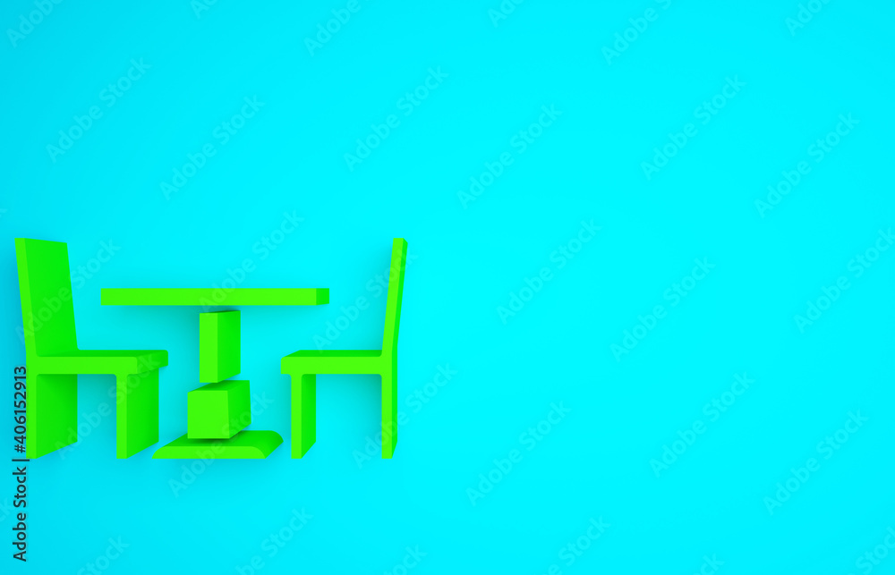 绿色木制桌子，蓝色背景上有椅子图标。极简主义概念。3d插图