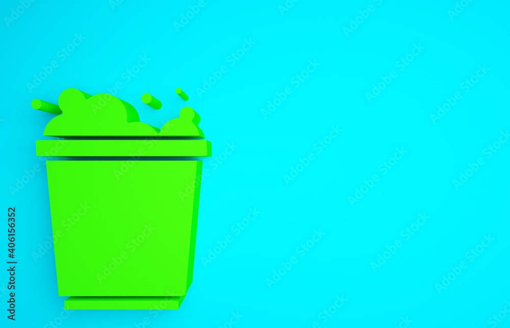 绿色水桶，蓝色背景上隔离着泡沫和气泡图标。清洁服务理念。Minim