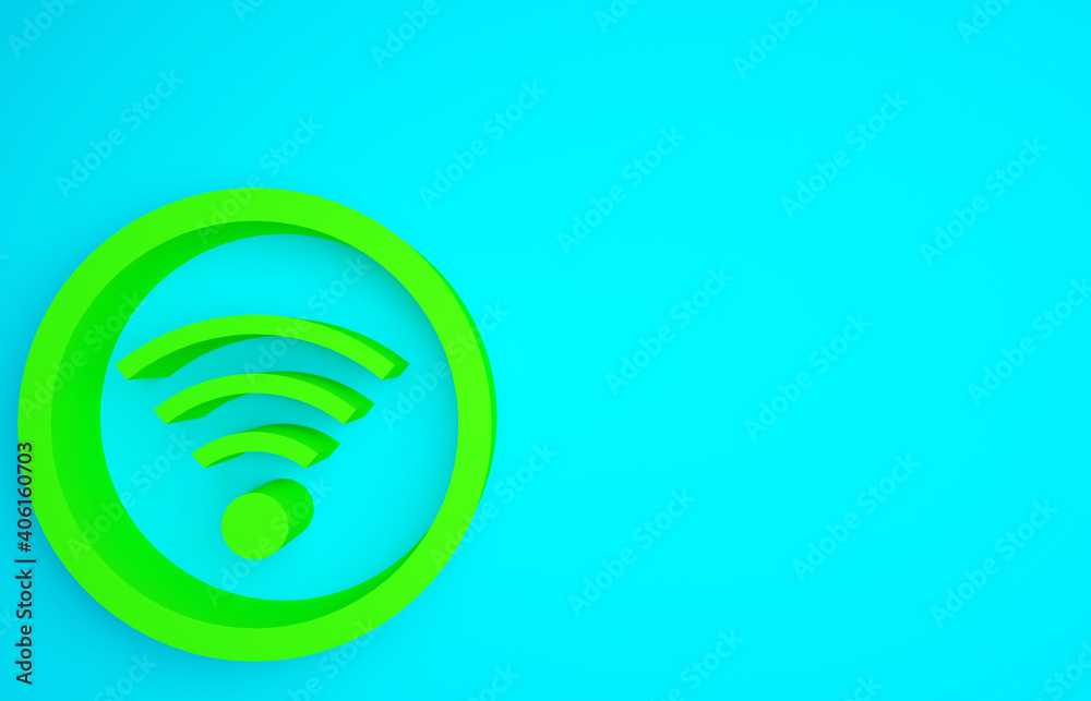 绿色Wi-Fi无线网络符号图标隔离在蓝色背景上。极简主义概念。3