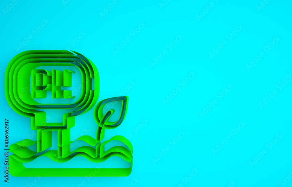 Green Soil ph testing icon isolated on blue background. PH earth test. Minimalism concept. 3d illust