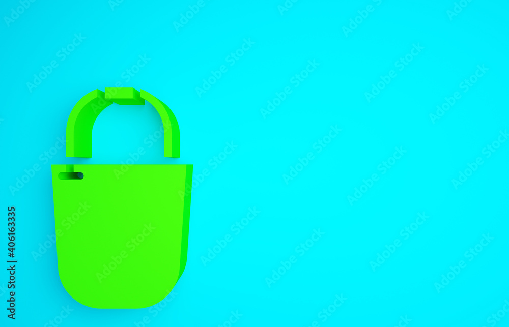蓝色背景上隔离的绿色水桶图标。极简主义概念。3d插图3d渲染。