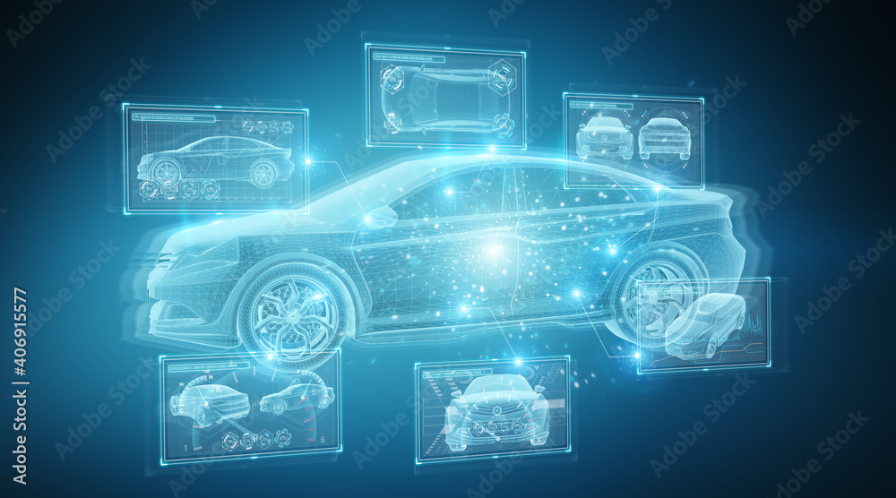 蓝色背景3D渲染上的全息智能汽车界面投影