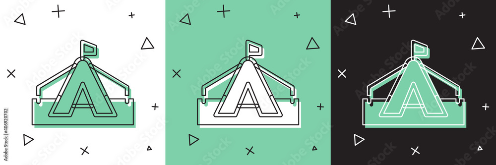 将旅游帐篷图标隔离在白色和绿色，黑色背景上。露营符号。矢量。