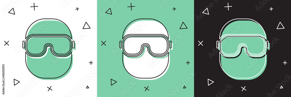 将滑雪护目镜图标设置为白色、绿色、黑色背景。极限运动。运动装备。
