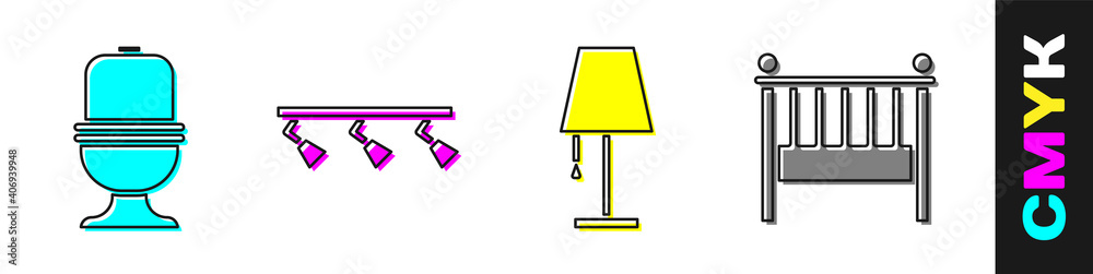 Set Toilet bowl, Led track lights and lamps, Table lamp and Baby crib cradle bed icon. Vector.