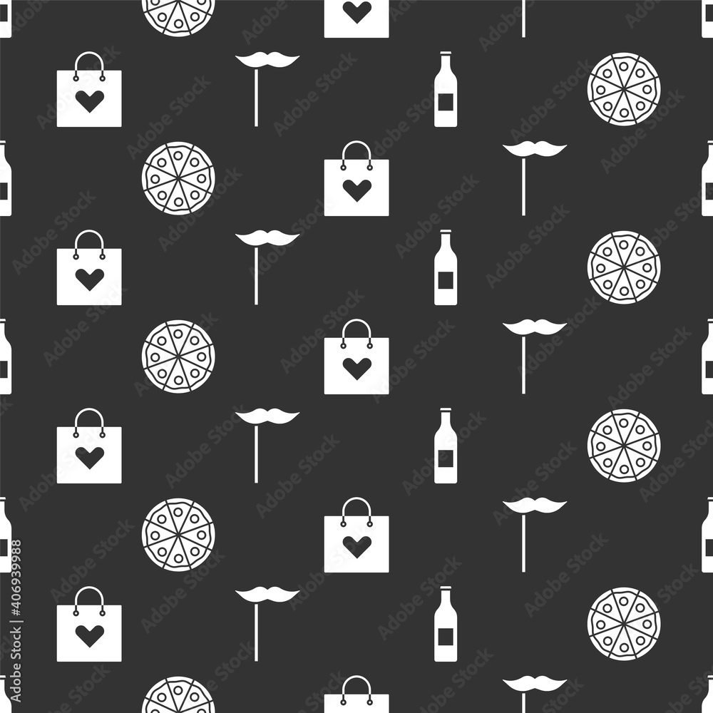 Set Beer bottle, Pizza, Shopping bag with heart and Paper mustache on stick on seamless pattern. Vec