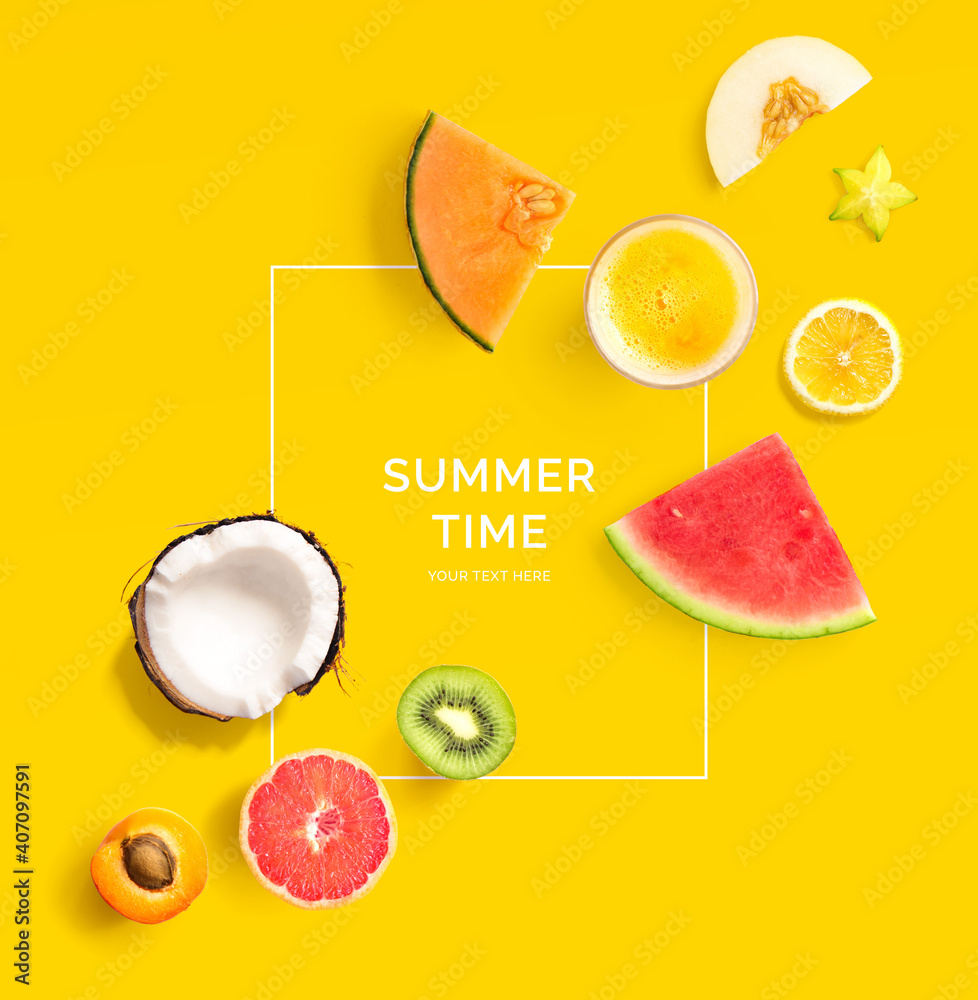 Creative layout made of summer fruits.  Tropical flat lay. Food concept. Melon, coconut, watermelon,