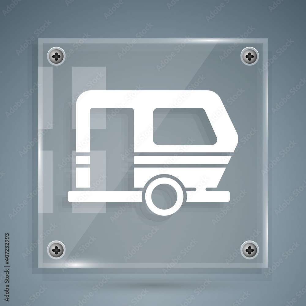 White Rv Camping trailer icon isolated on grey background. Travel mobile home, caravan, home camper 