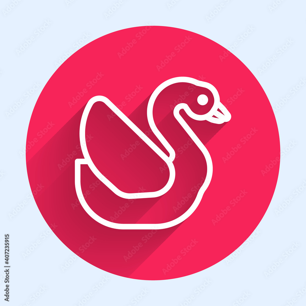 白线天鹅鸟图标与长阴影隔离。动物符号。红圈按钮。矢量。