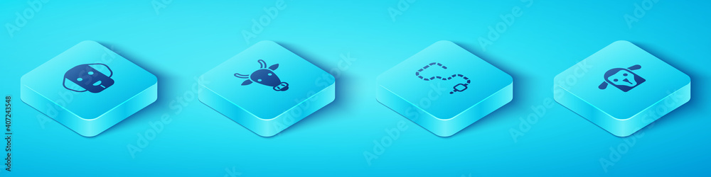 Set Isometric Dog, Cow head, Sheep and Worm icon. Vector.