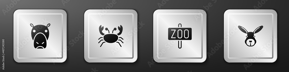 设置河马、螃蟹、动物园和兔子头图标。银色方形按钮。矢量。