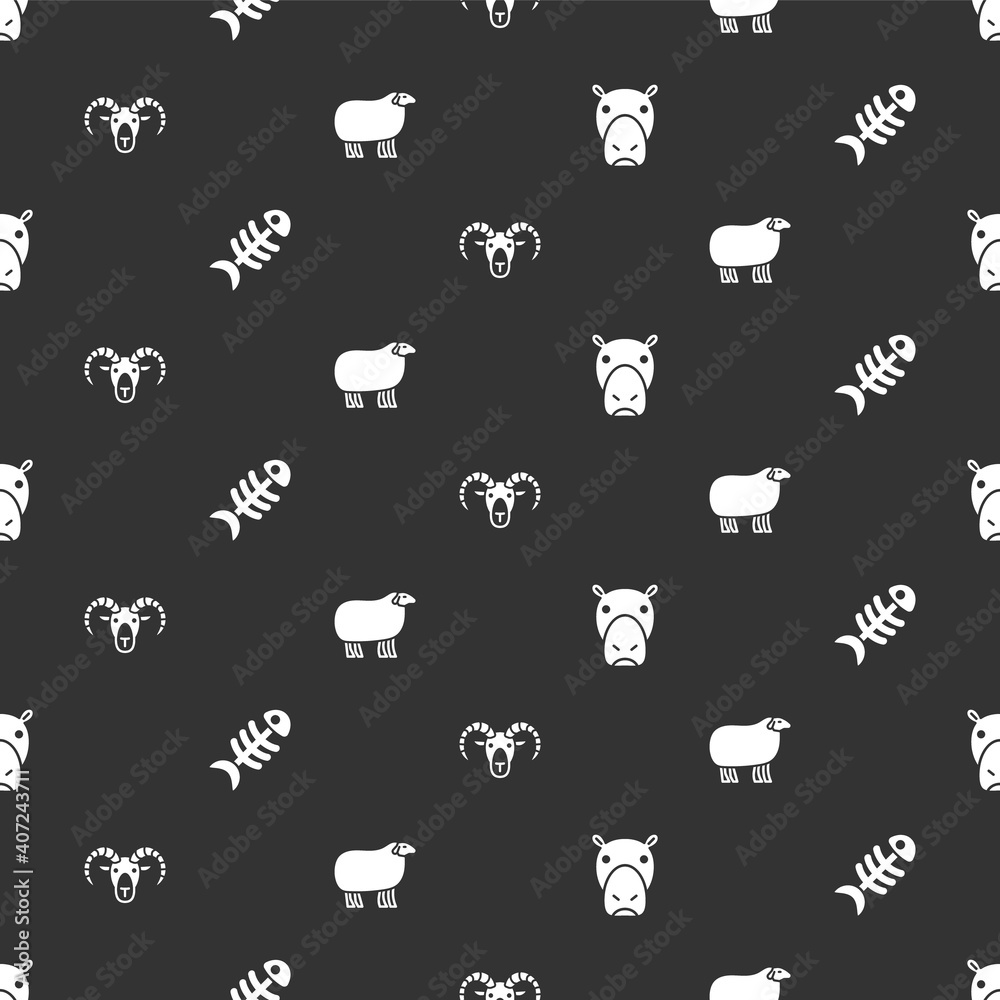 将河马、鱼骨架、山羊、公羊和绵羊的头部设置为无缝图案。矢量。