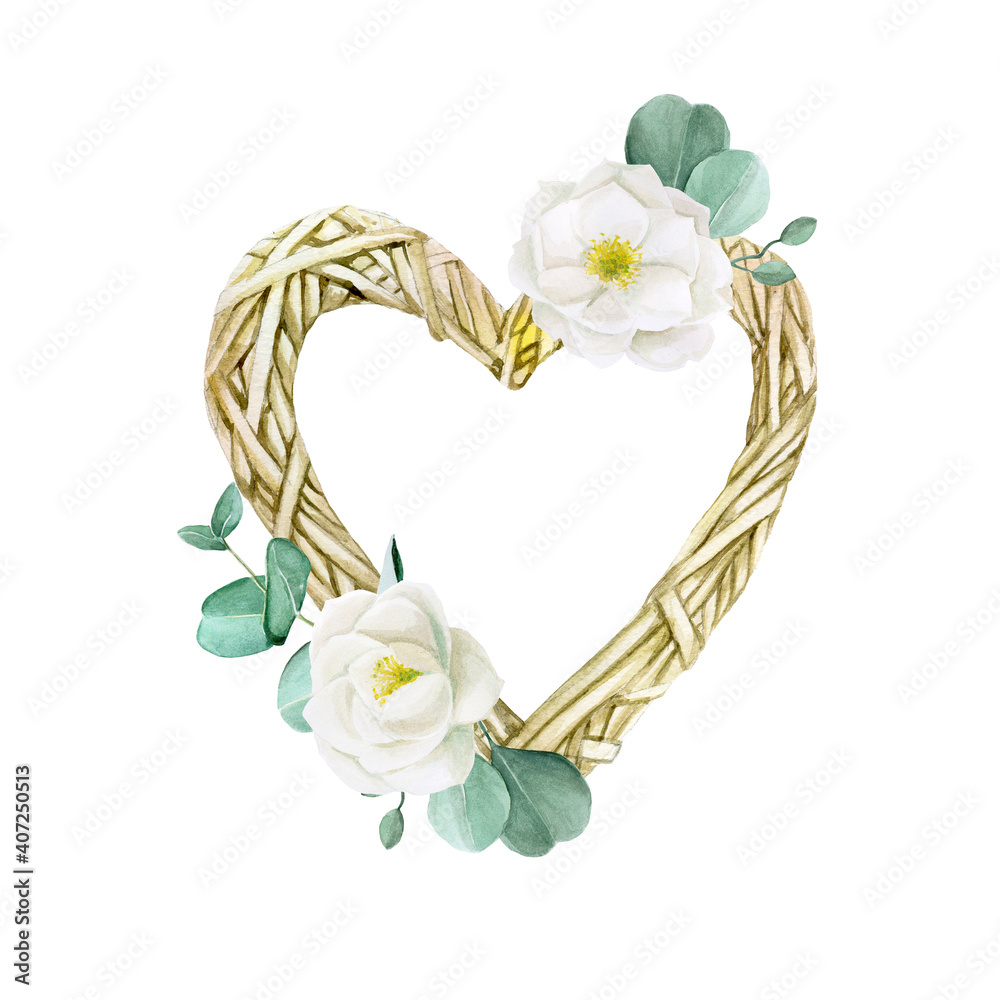 水彩编织花环，呈心形，有白花和桉树叶。