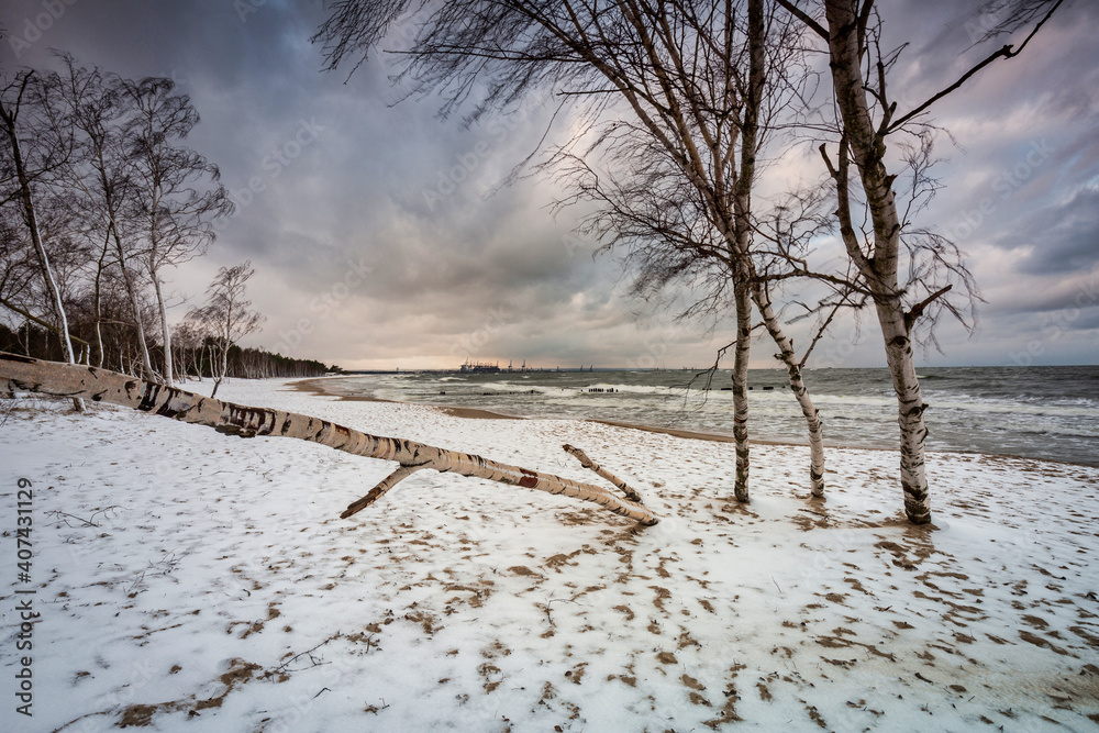 Winter landscape of a snow covered beach at Baltic Sea in Gdansk. Poland