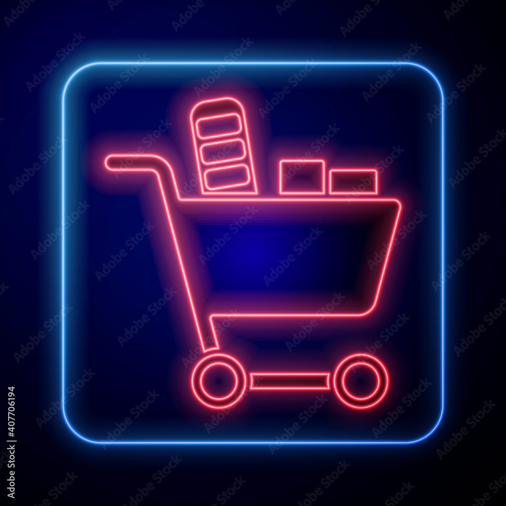 蓝色背景上闪闪发光的霓虹购物车和食品图标。食品店，超市。Vecto