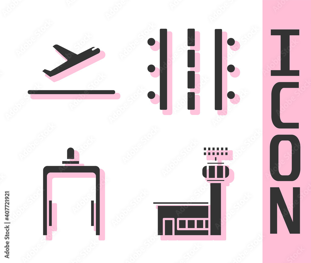 设置机场控制塔、飞机起飞、机场金属探测器和机场跑道图标。矢量。
