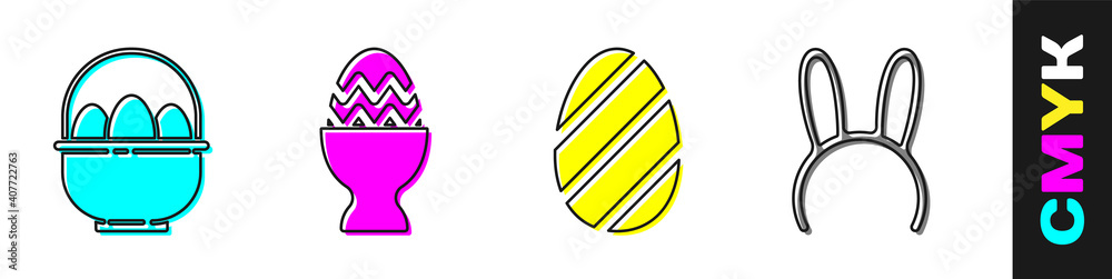 装复活节彩蛋的篮子，放在架子上的复活节彩蛋，复活节彩蛋和带长兔子耳朵图标的面具。V
