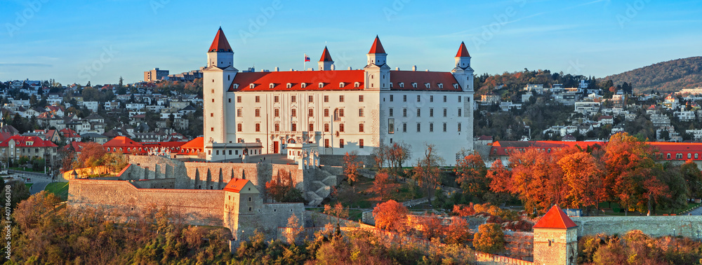 布拉迪斯拉发城堡、圣马丁大教堂和布拉迪斯拉瓦市中心的老城区屋顶景观，