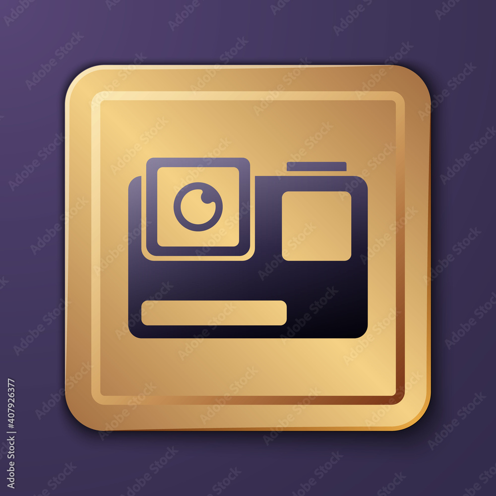 紫色行动极端相机图标，隔离在紫色背景上。用于拍摄的摄像机设备