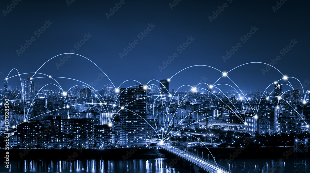 Advanced communication and global internet network connection in smart city . Concept of future 5G w