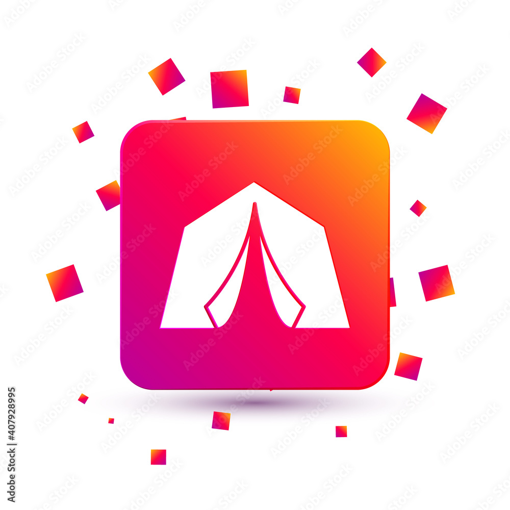 White Tourist tent icon isolated on white background. Camping symbol. Square color button. Vector.