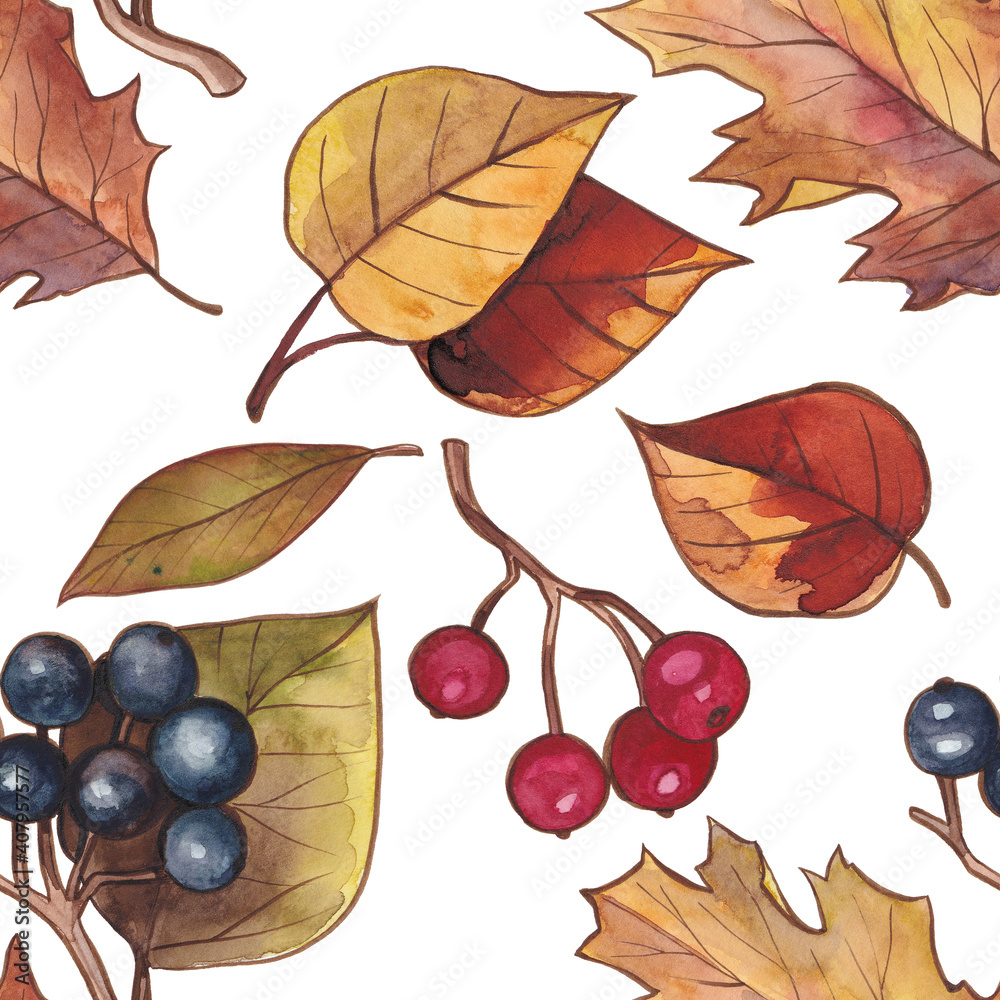 Watercolor autumn seamless pattern. Gold, orange, burgundy, brown and red leaves and autumn berries