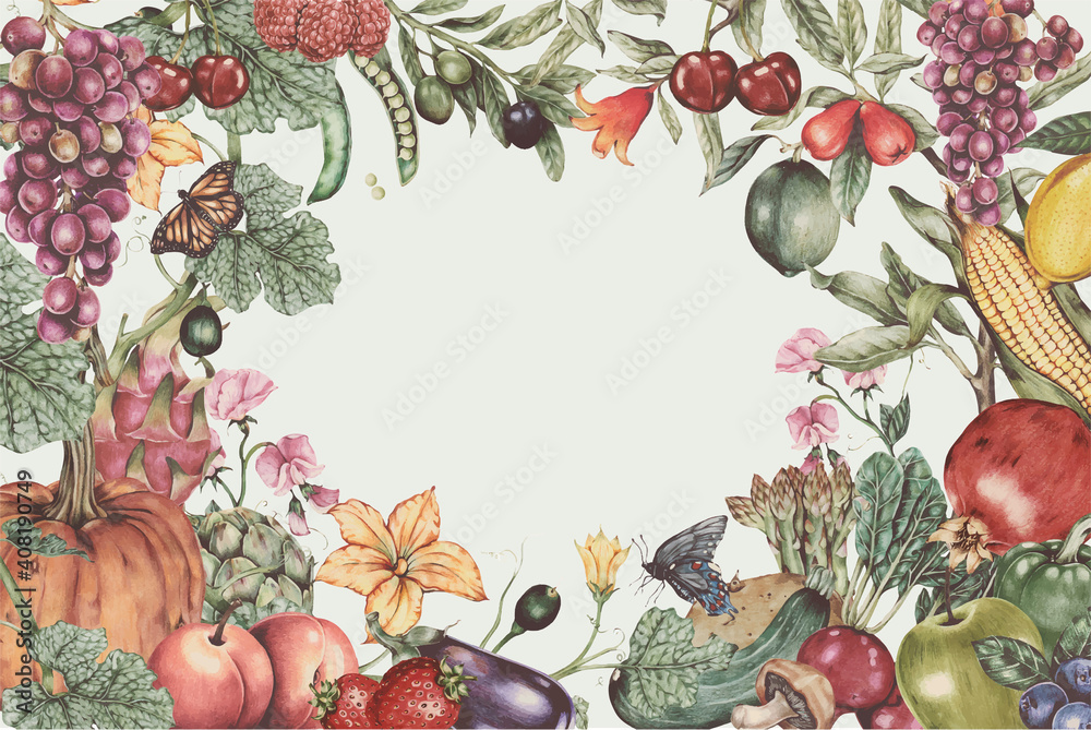 Fresh fruits vegetables vector frame hand-drawn