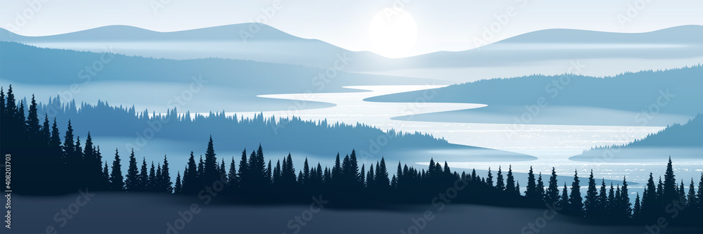 山区景观的矢量插图。松林和雾中的山脉。
