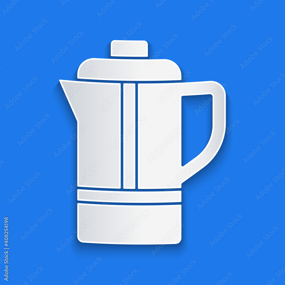 Paper cut Teapot icon isolated on blue background. Paper art style. Vector.