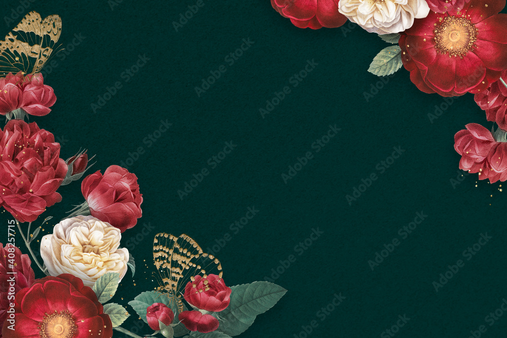 豪华红玫瑰边框水彩绿色背景