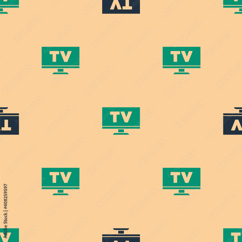 米色背景上的绿色和黑色智能电视图标隔离无缝图案。电视标志。矢量
