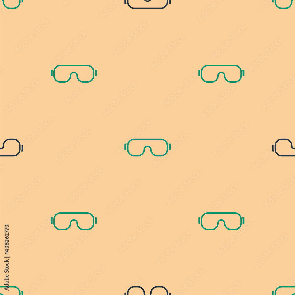 米色背景上的绿色和黑色滑雪护目镜图标隔离无缝图案。极限运动。运动