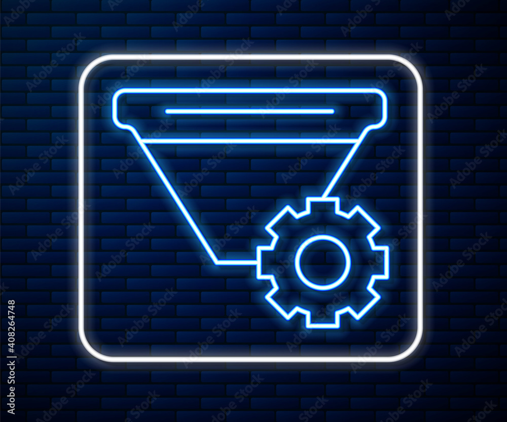 Glowing neon line Filter setting icon isolated on brick wall background. Vector.